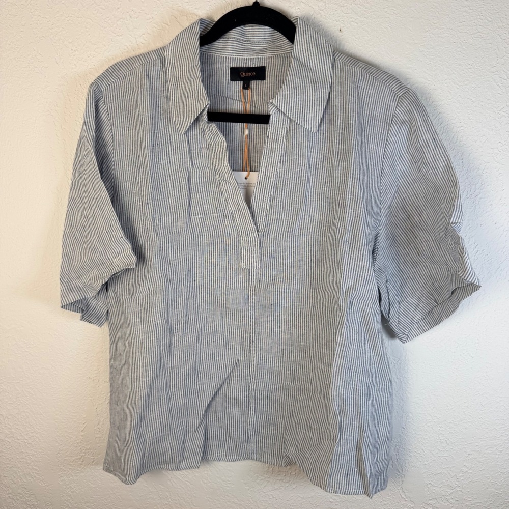 NEW Quince Women's L European Linen Short Sleeve Popover Top Blue Pinstripe